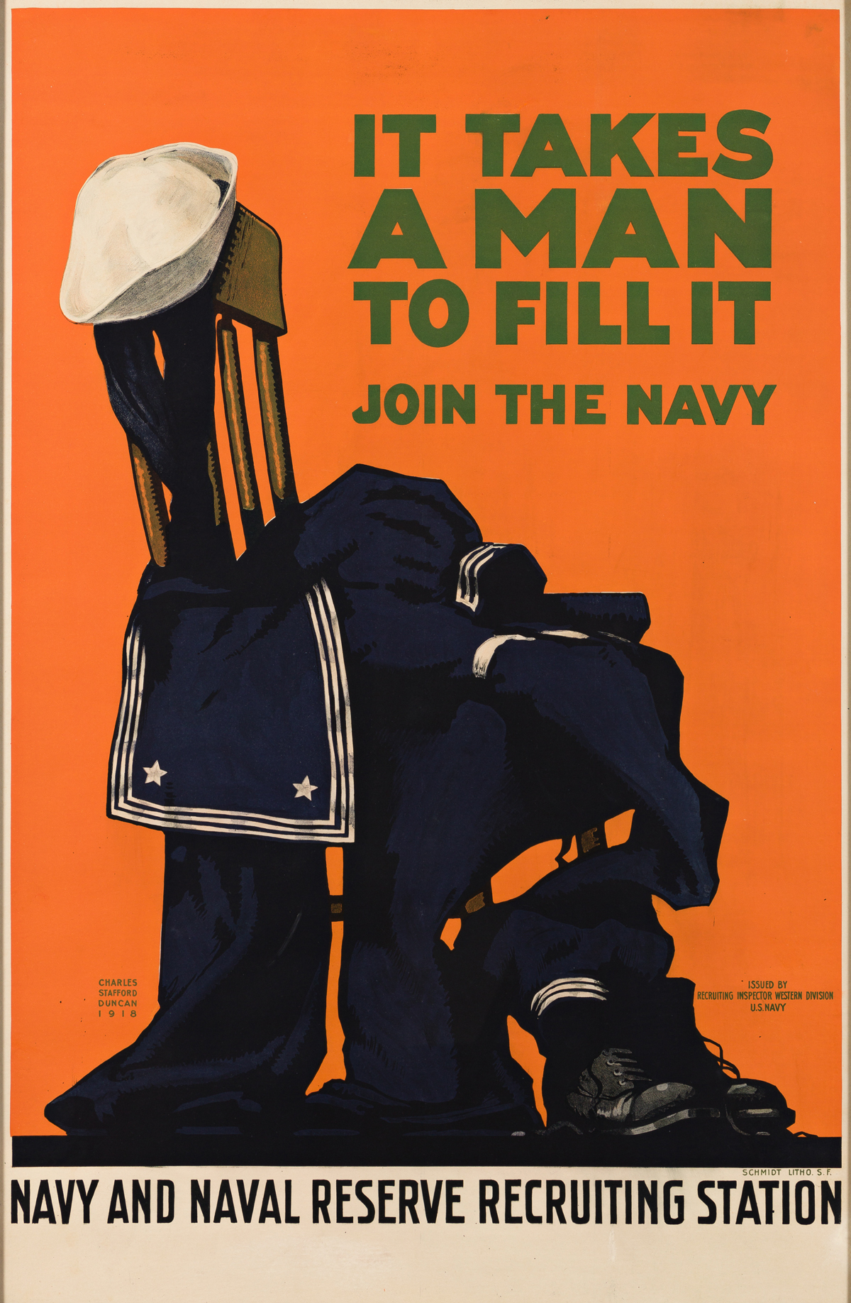 CHARLES STAFFORD DUNCAN (1892-1952).  IT TAKES A MAN TO FILL IT / JOIN THE NAVY. 1918. 40¾x26½ inches, 103½x67¼ cm. Schmidt Litho., San